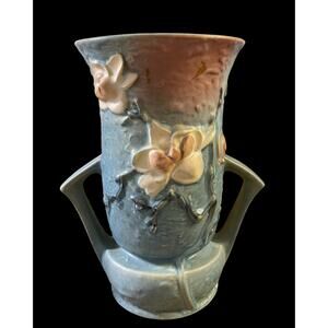 Roseville USA Pottery Large Vase Blue Handles Magnolia Vintage Art Ceramic